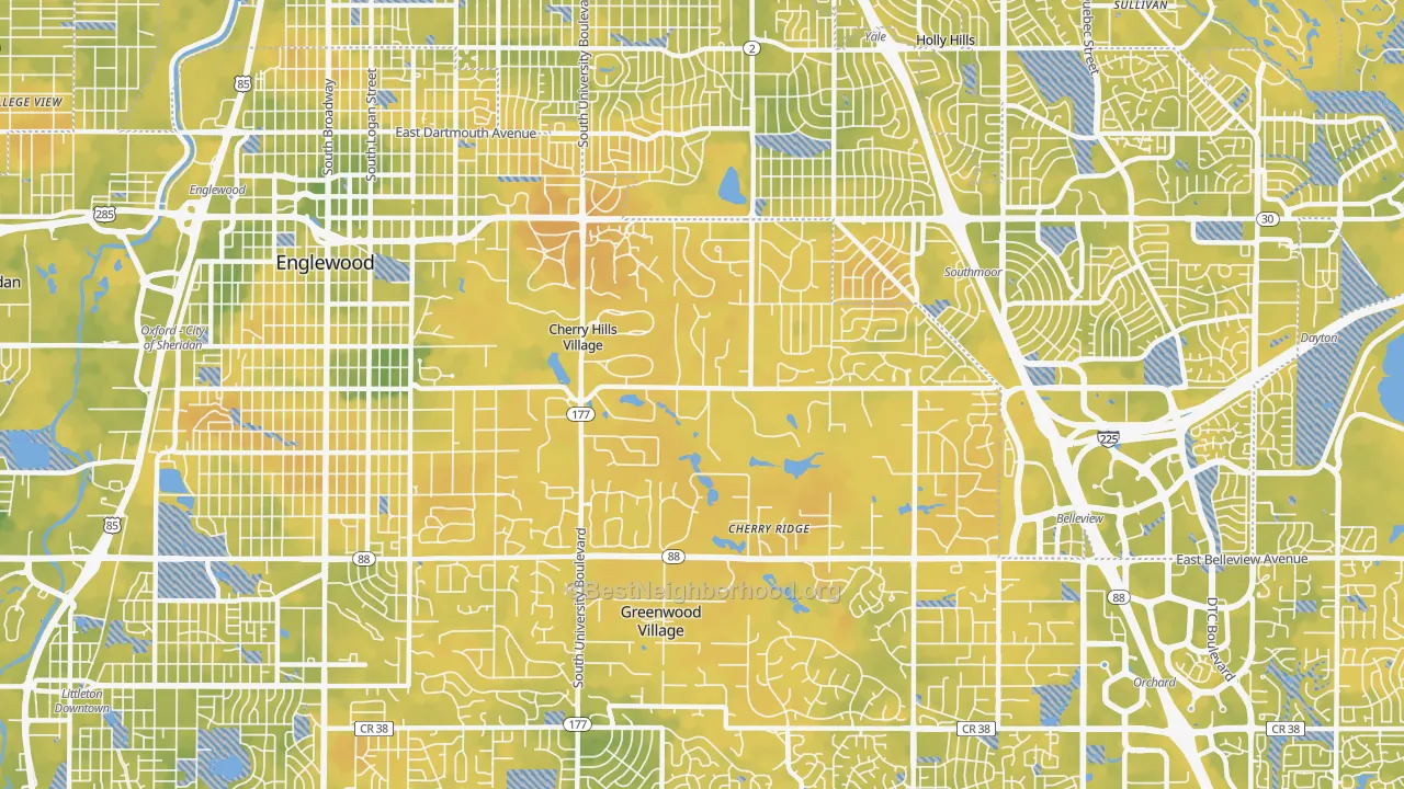 Bike Grade map of Cherry Hills Village, CO