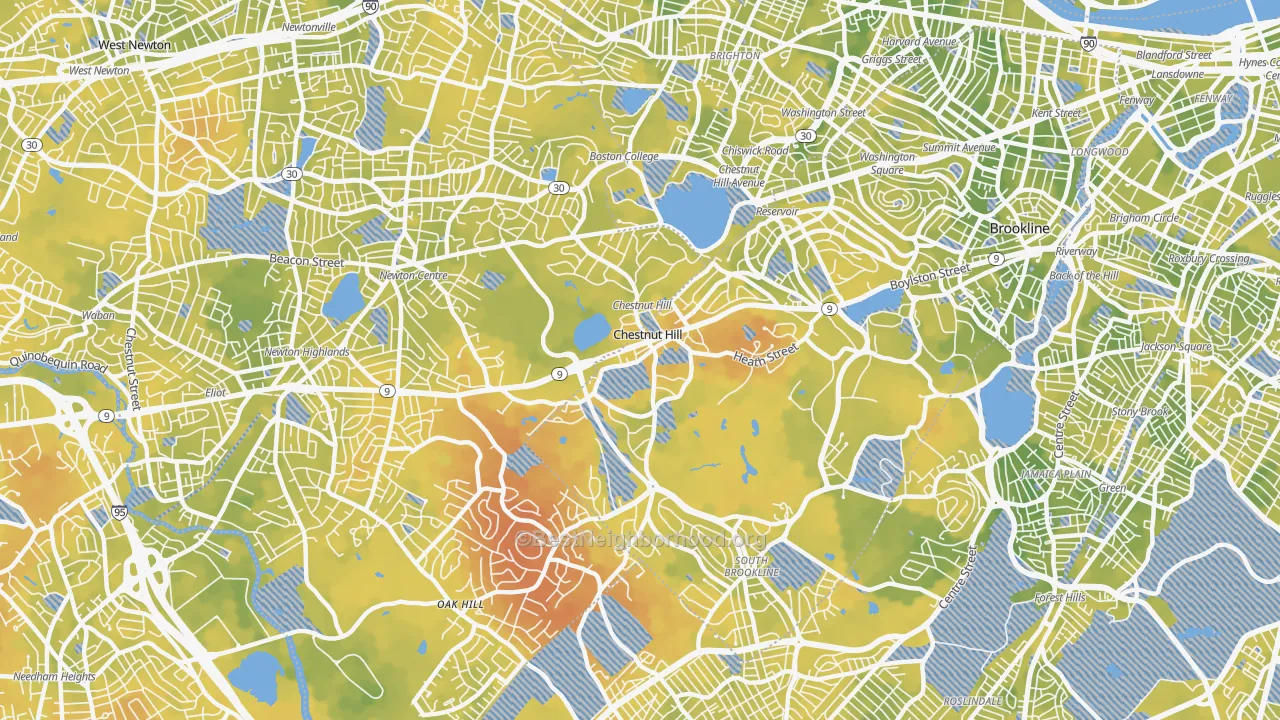 Bike Grade map of Chestnut Hill, MA
