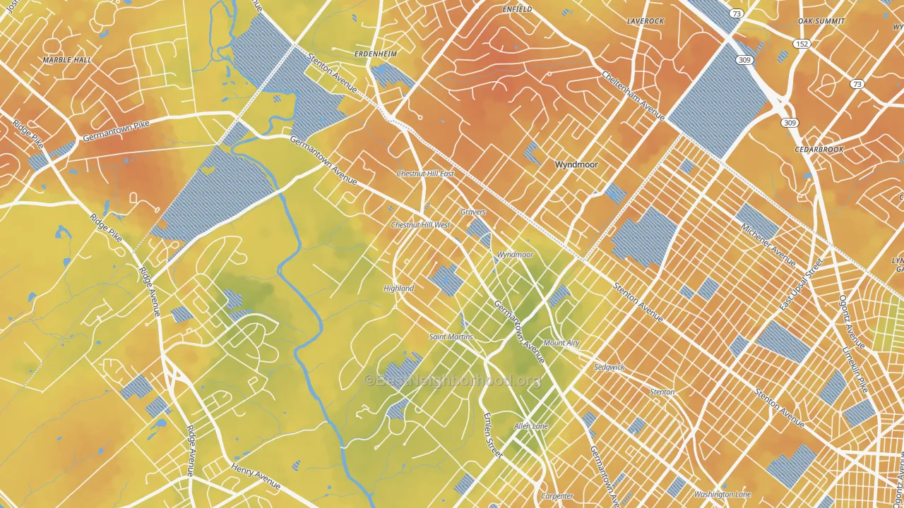 Bike Grade map of Chestnut Hill, Philadelphia, PA