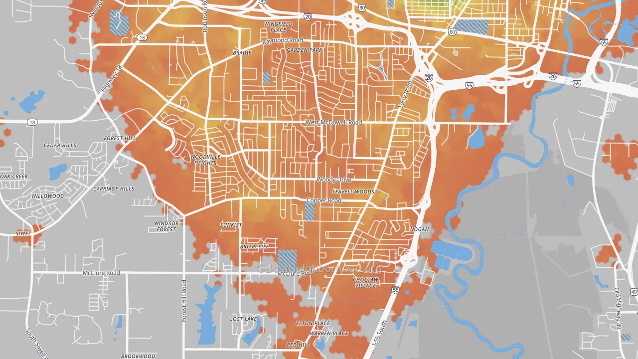 Bike Grade map of Citizens Southwest, Jackson, MS