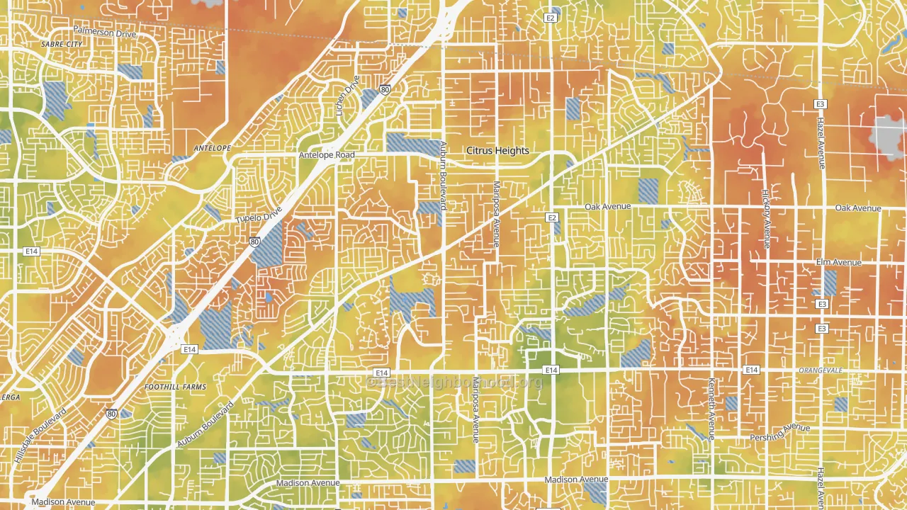 Bike Grade map of Citrus Heights, CA