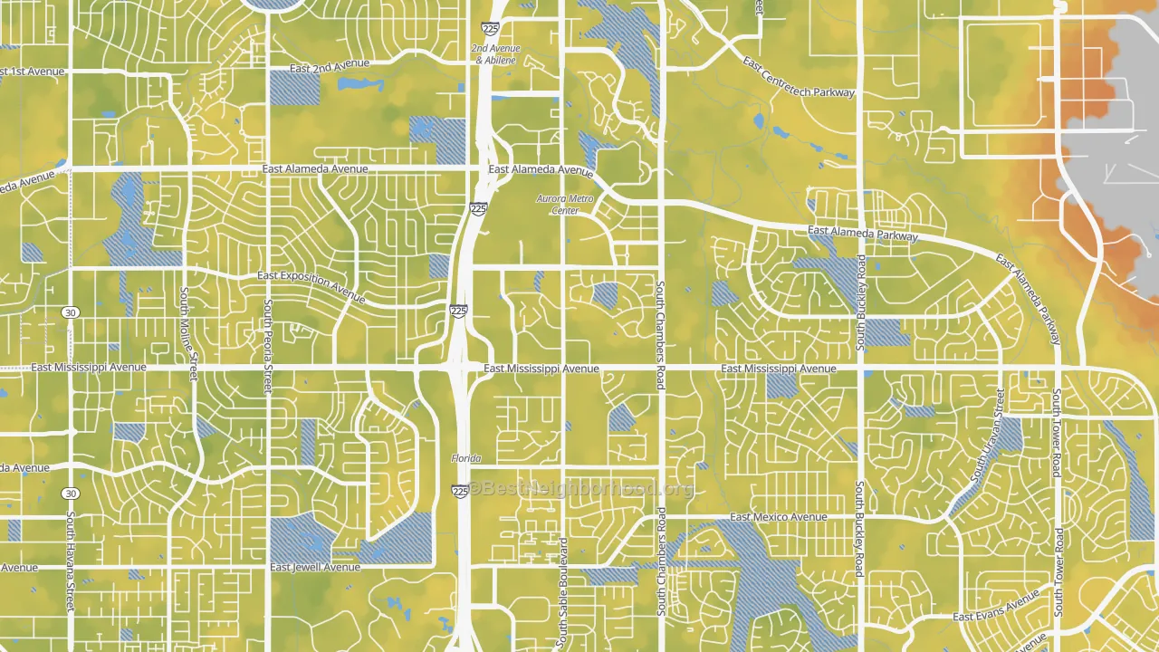 Bike Grade map of City Center, Aurora, CO