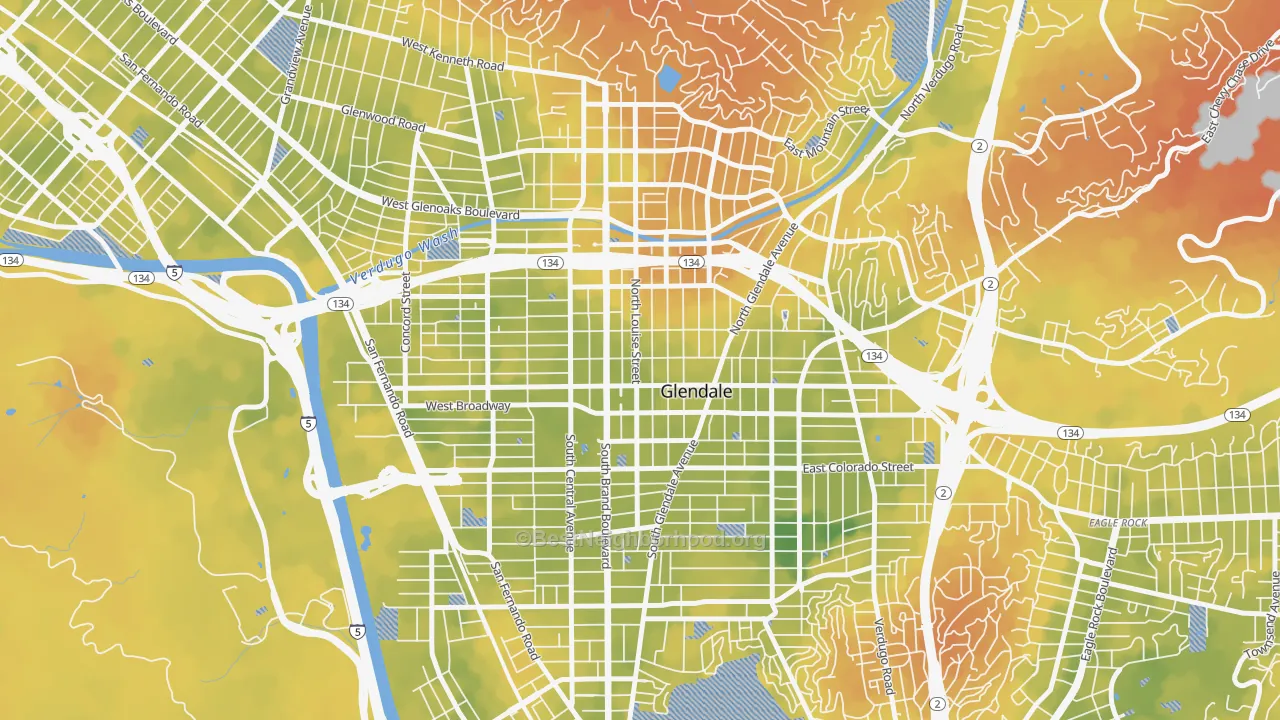 Bike Grade map of City Center, Glendale, CA