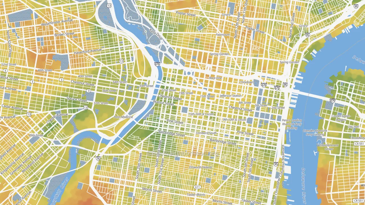 Bike Grade map of City Center West, Philadelphia, PA