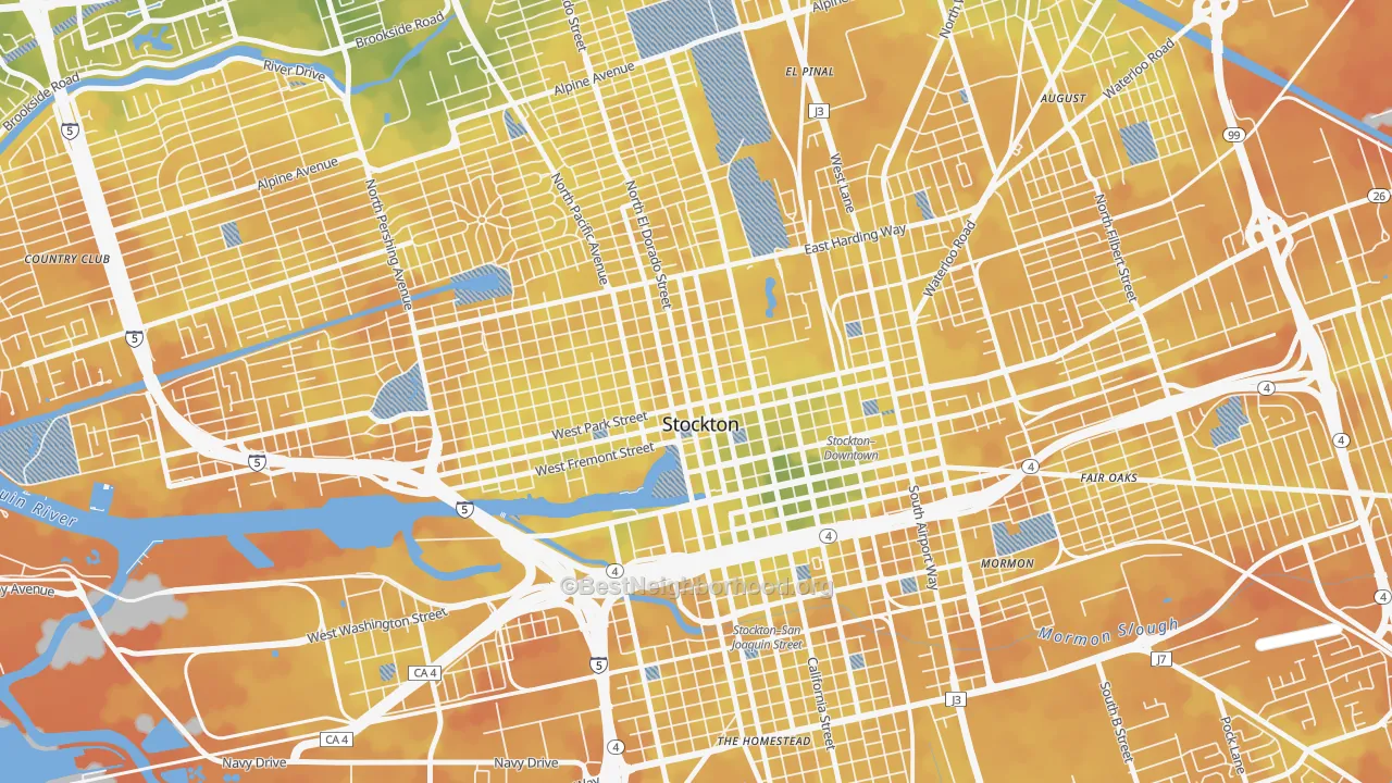 Bike Grade map of Civic Center, Stockton, CA