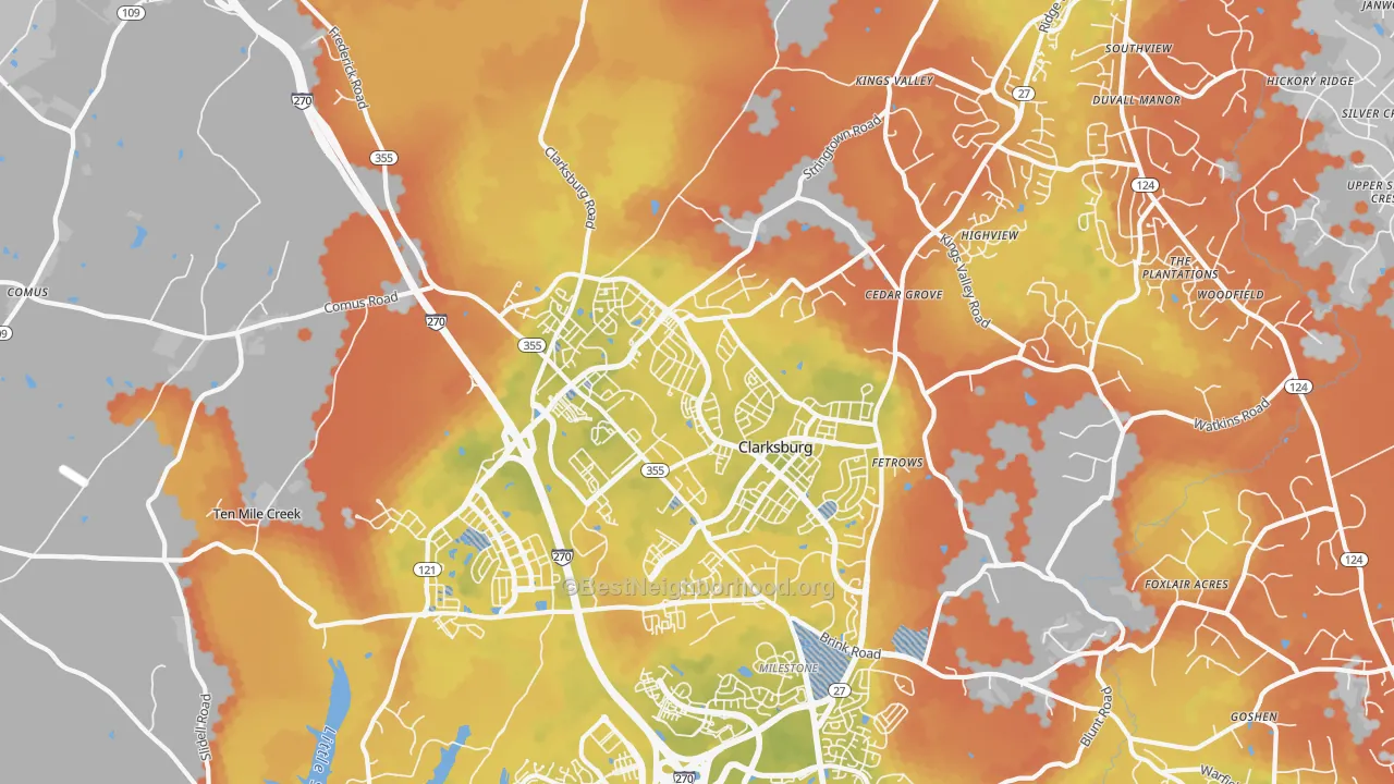 Bike Grade map of Clarksburg, MD