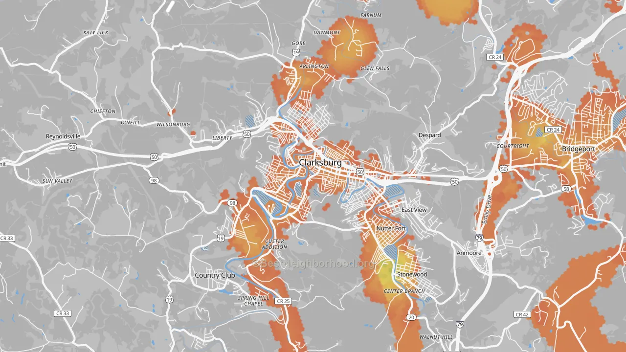 Bike Grade map of Clarksburg, WV
