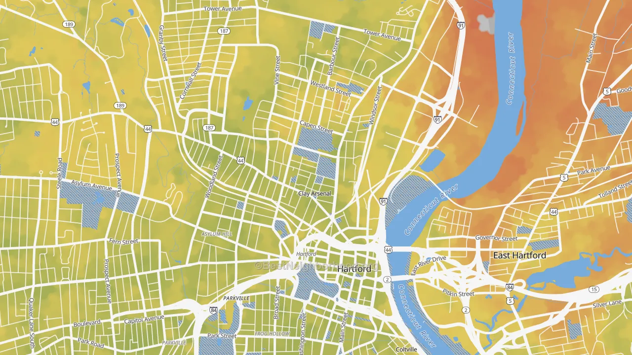 Bike Grade map of Clay Arsenal, Hartford, CT