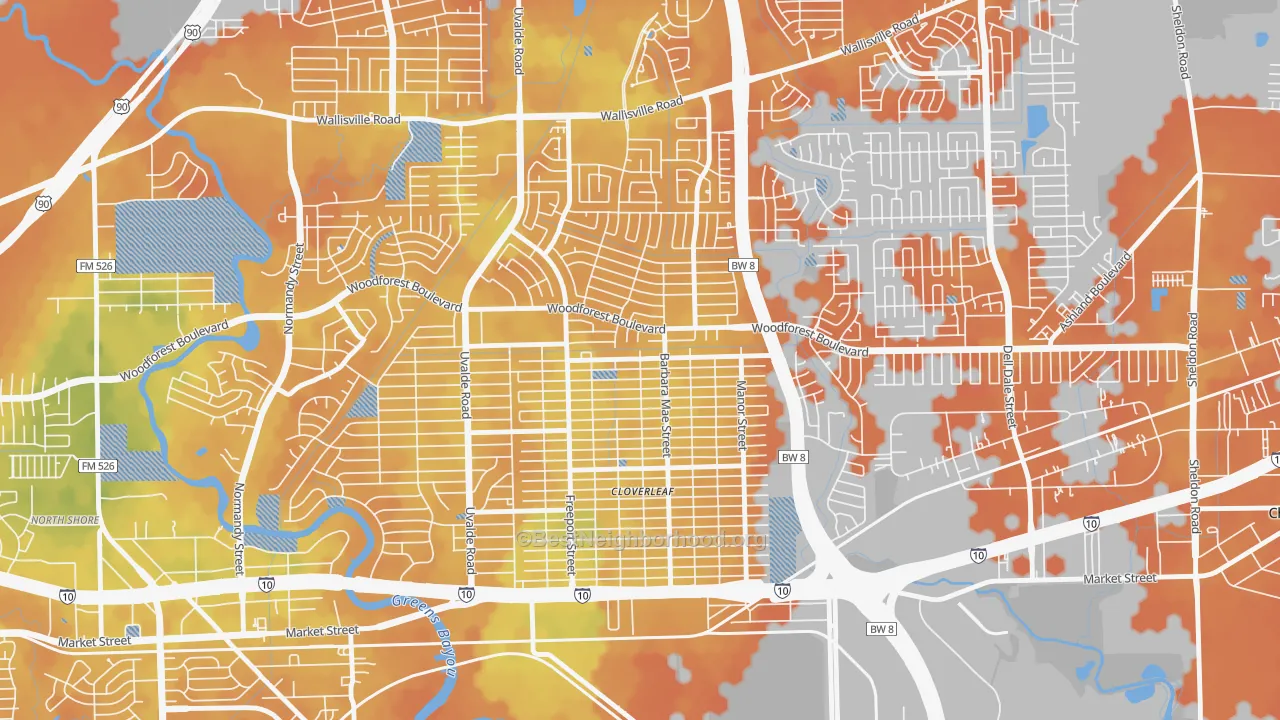 Bike Grade map of Cloverleaf, TX