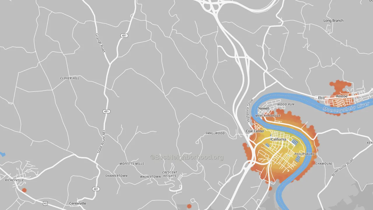 Bike Grade map of Coal Center, PA