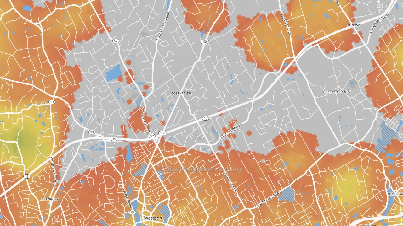 Bike Grade map of Coleytown, Westport, CT