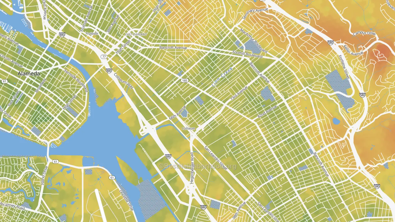Bike Grade map of Coliseum, Oakland, CA