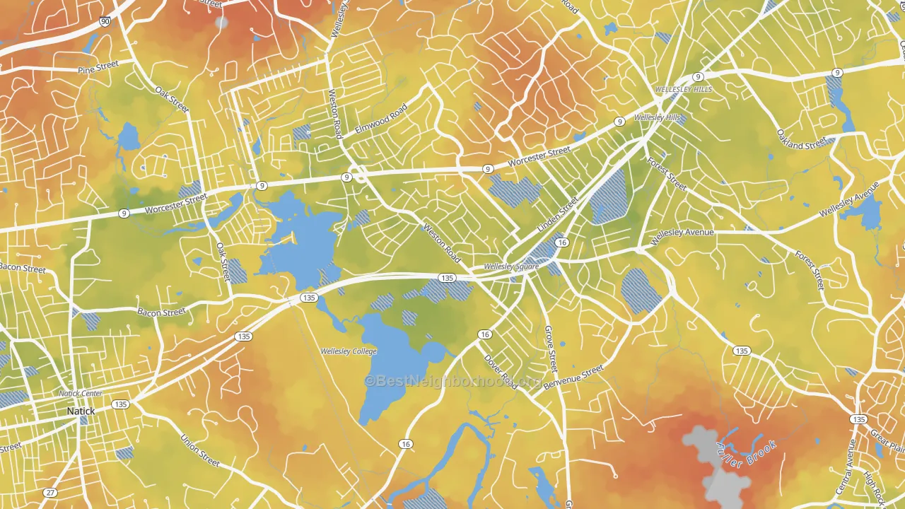 Bike Grade map of College Heights, Wellesley, MA