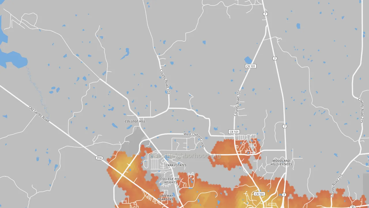 Bike Grade map of College Hill, MS
