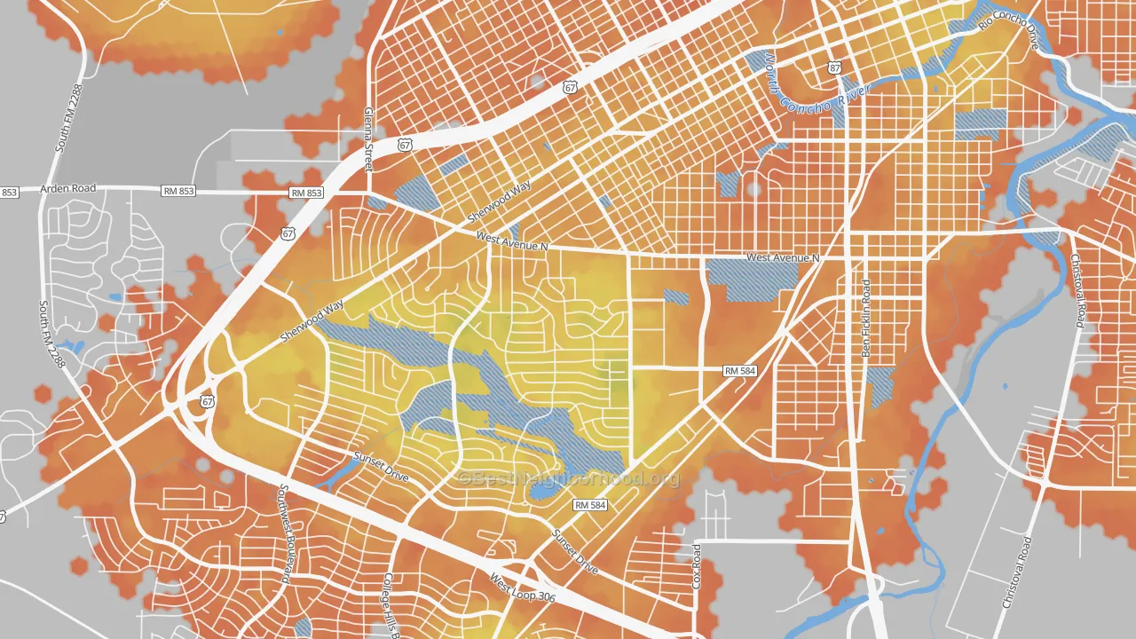 Bike Grade map of College Hills, San Angelo, TX