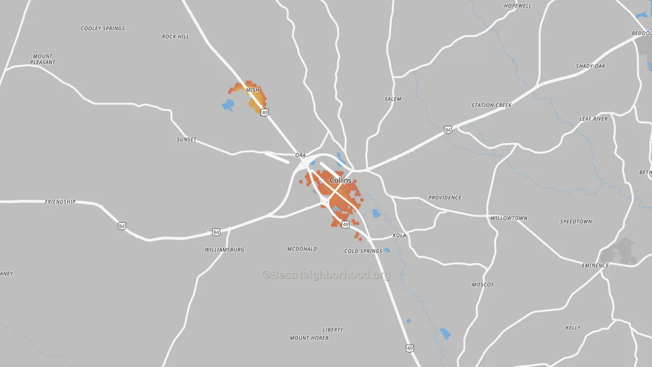 Bike Grade map of Collins, MS