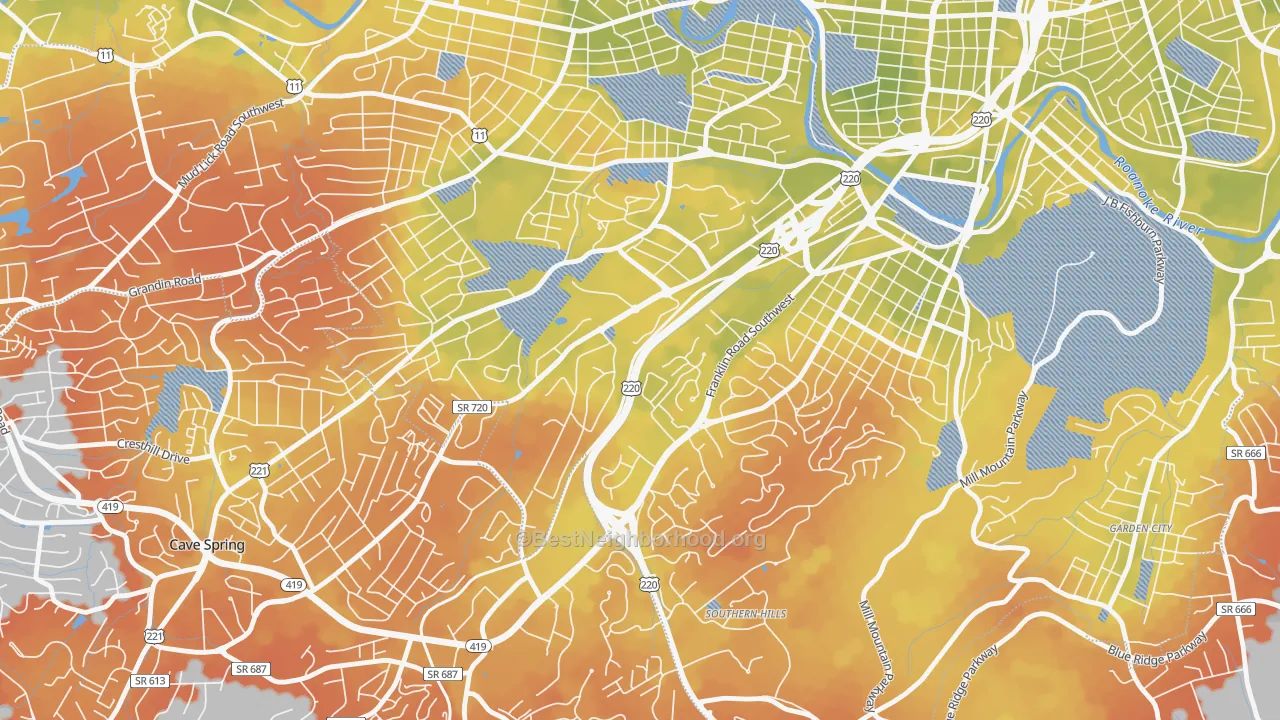 Bike Grade map of Colonial Avenue Area, Roanoke, VA