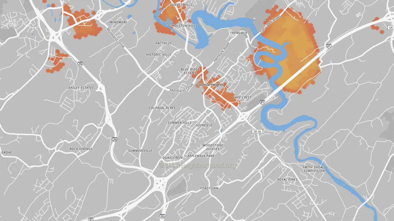 Bike Grade map of Colonial Heights, TN