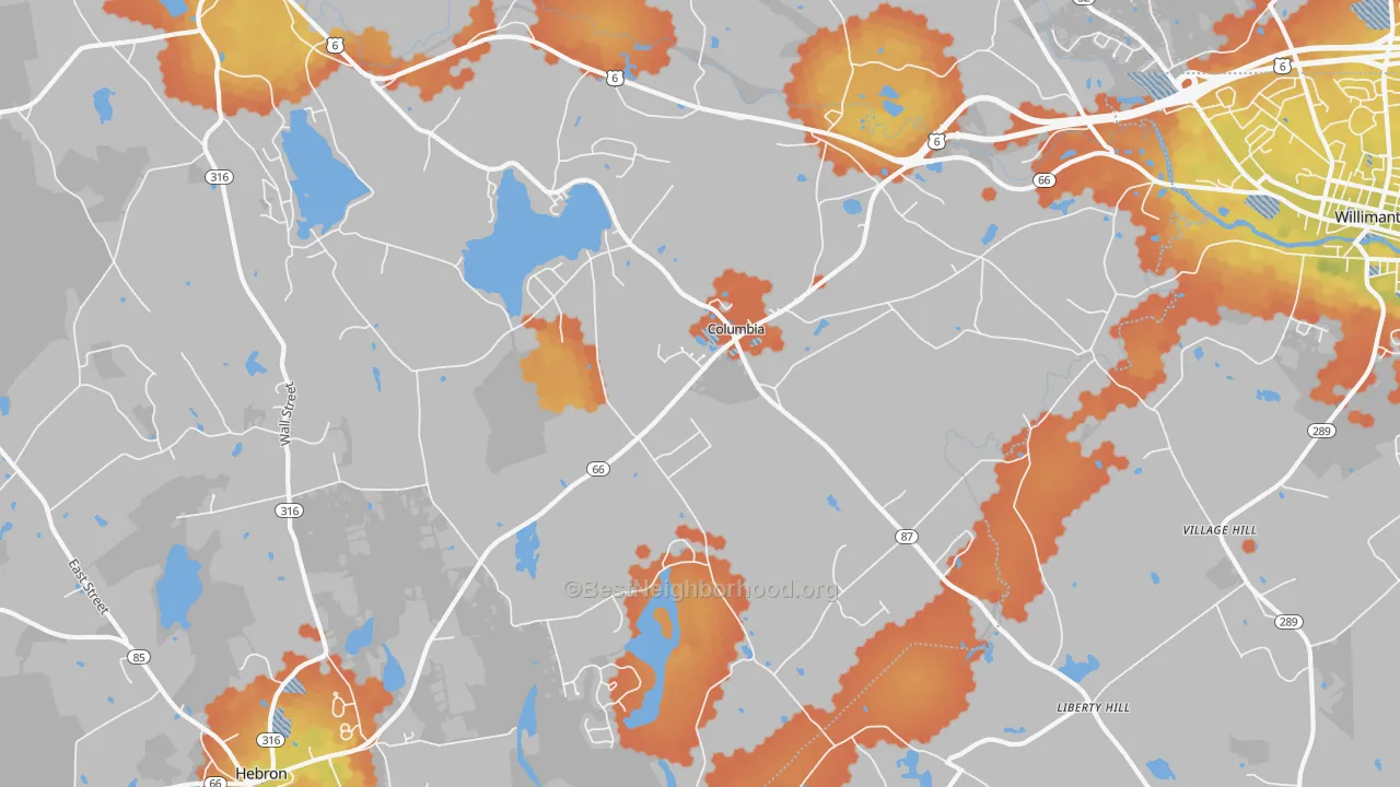 Bike Grade map of Columbia, CT