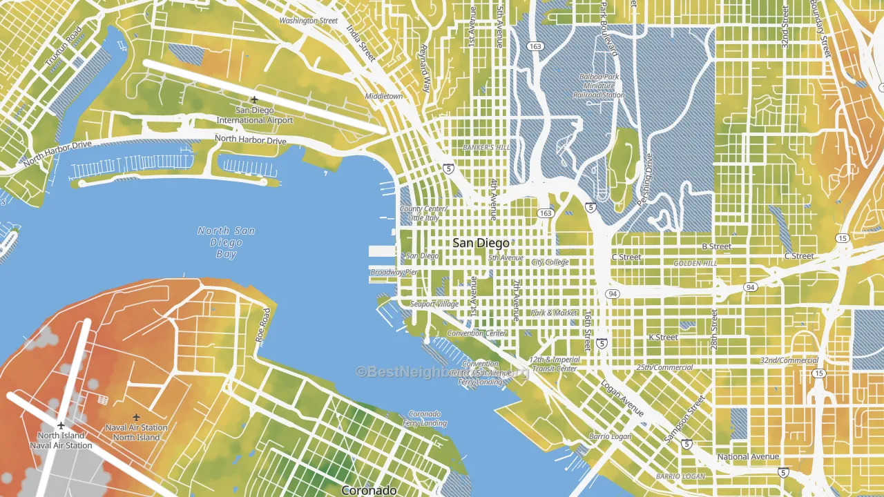 Bike Grade map of Columbia San Diego, San Diego, CA