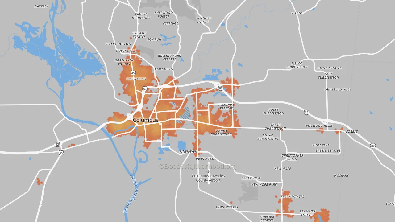 Bike Grade map of Columbus, MS