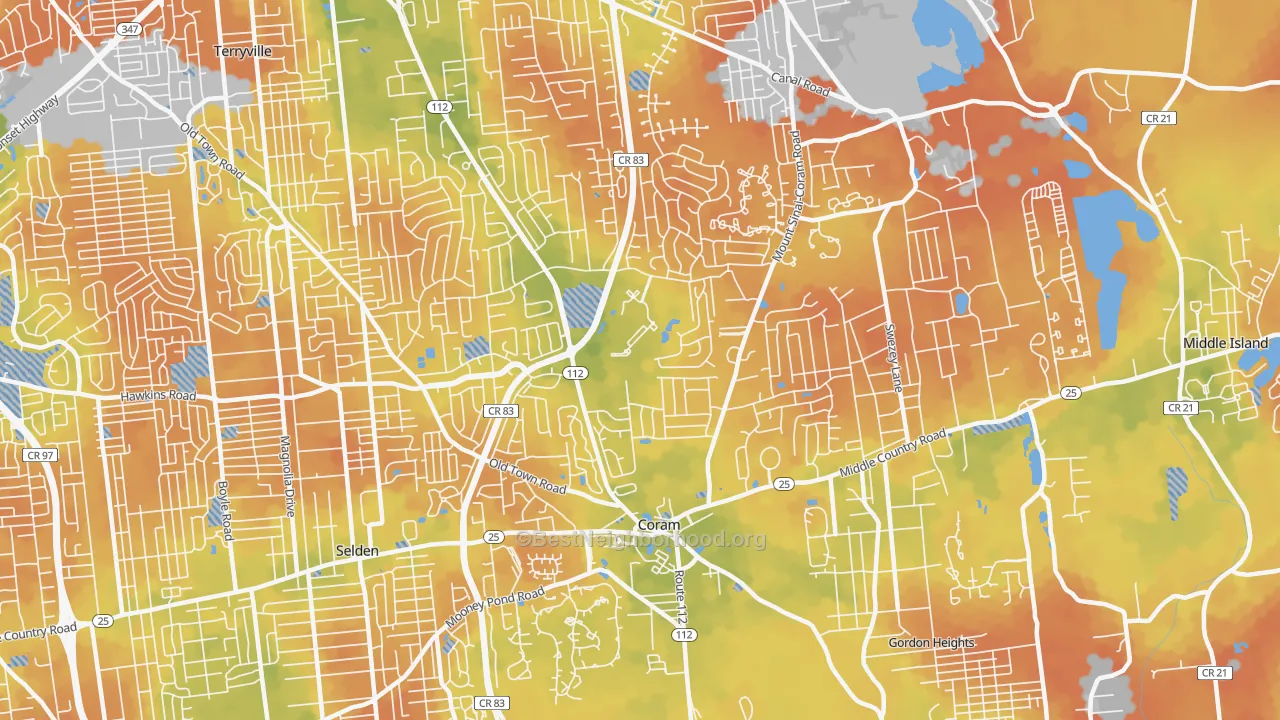 Bike Grade map of Coram, NY