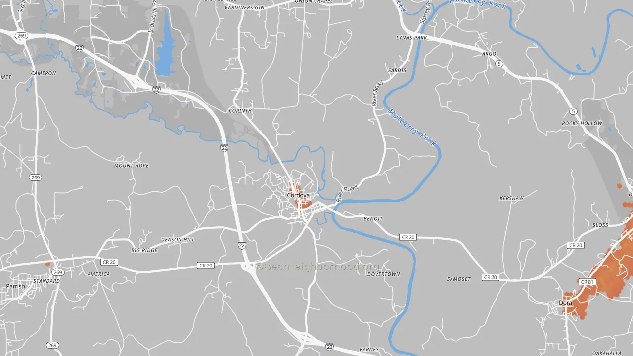 Bike Grade map of Cordova, AL