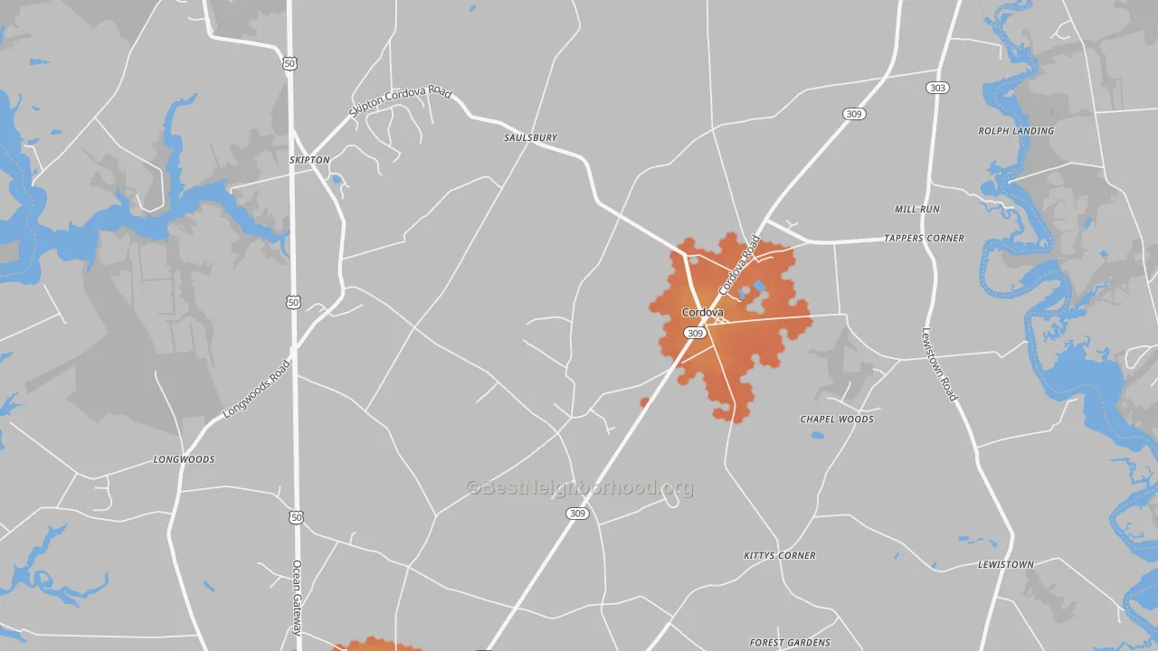 Bike Grade map of Cordova, MD