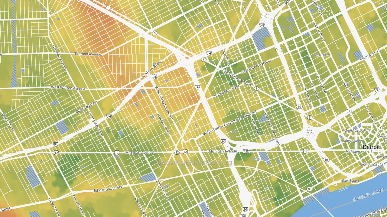 Bike Grade map of Core City, Detroit, MI