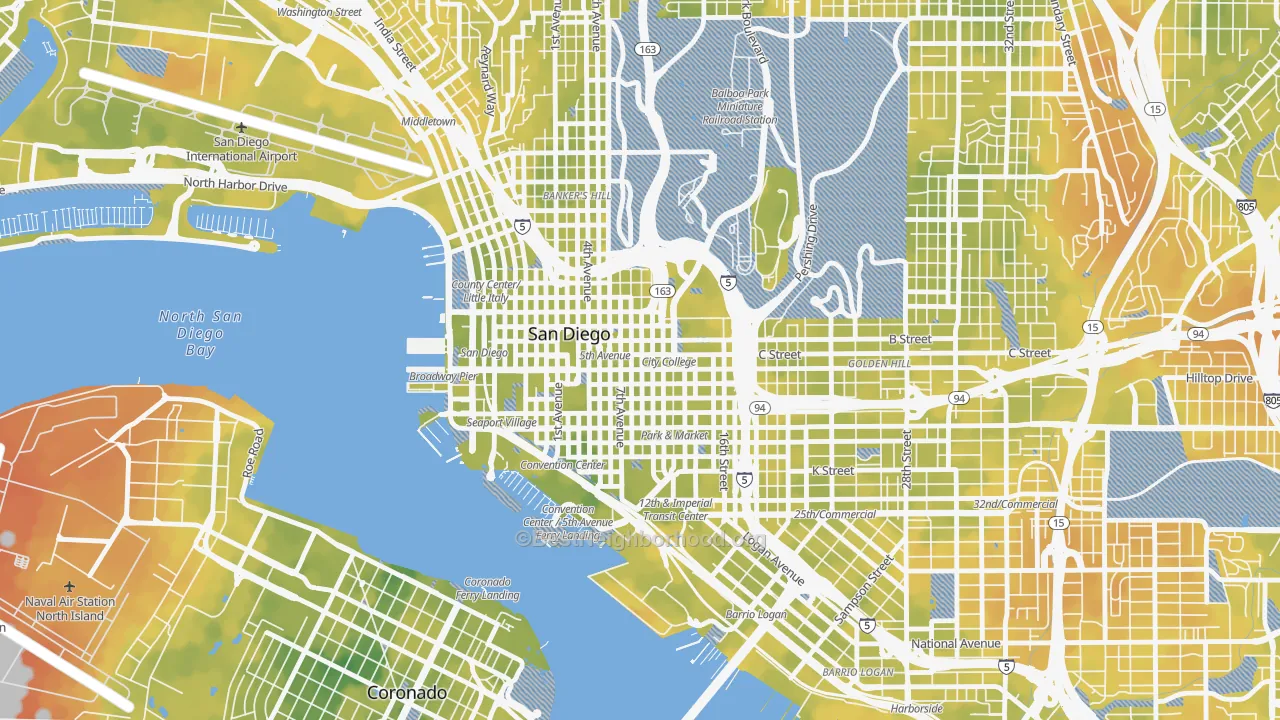 Bike Grade map of Core, San Diego, CA
