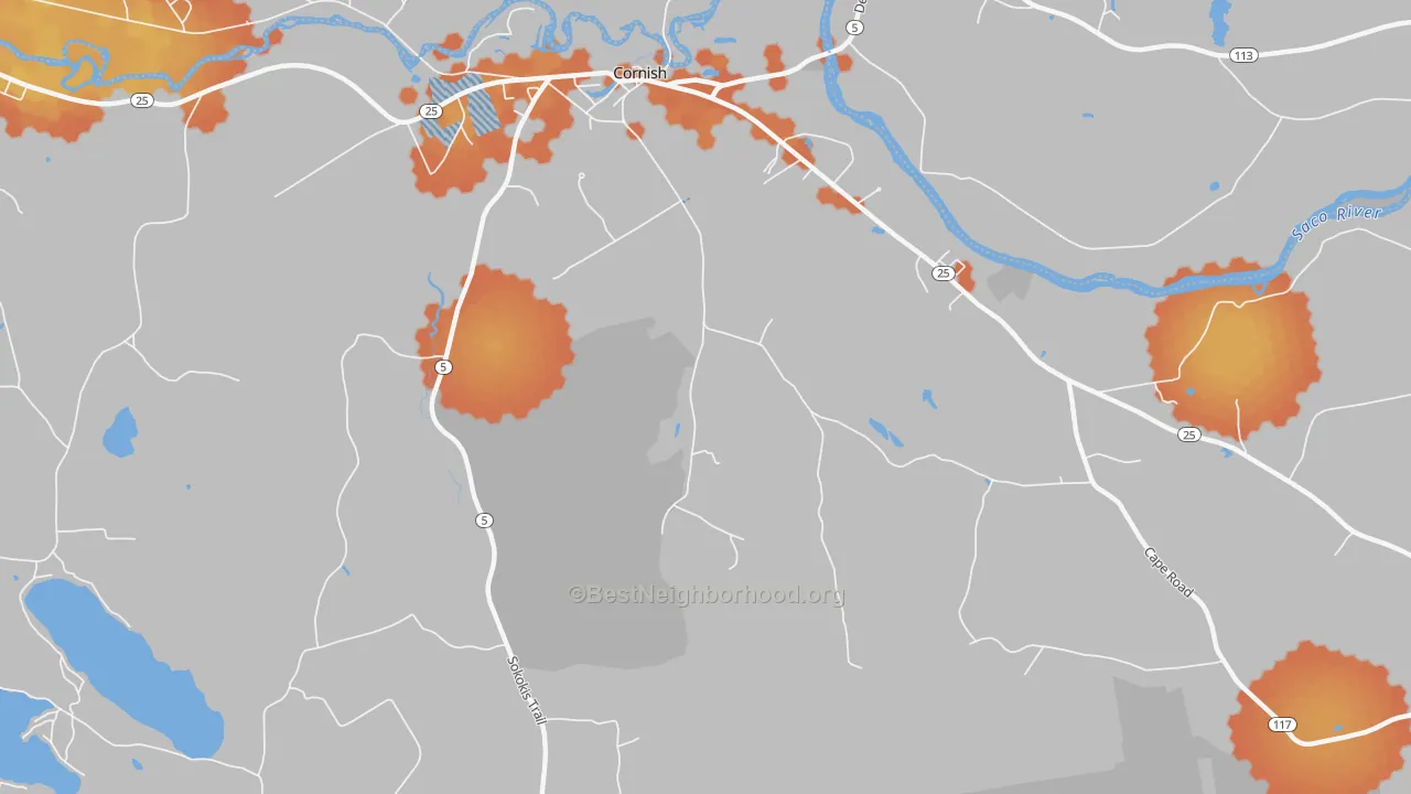 Bike Grade map of Cornish, ME