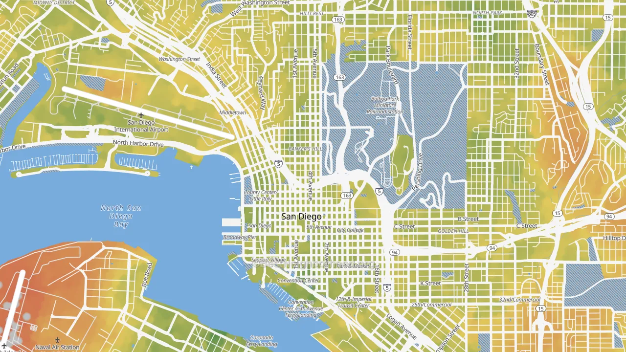 Bike Grade map of Cortez Hill, San Diego, CA