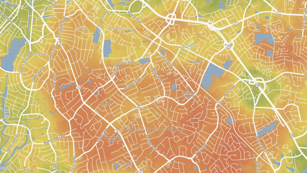 Bike Grade map of Cotswold, Charlotte, NC