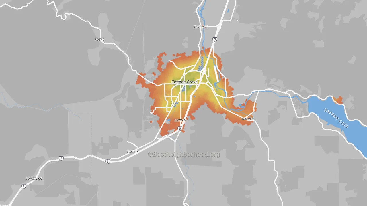Bike Grade map of Cottage Grove, OR