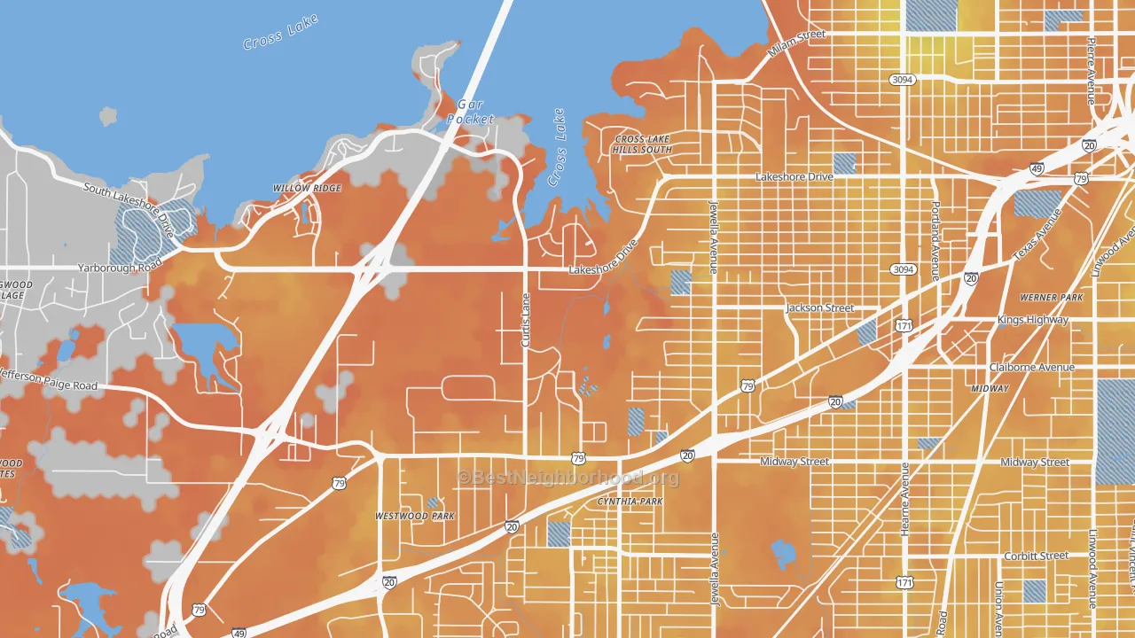 Bike Grade map of Country Club Hills Lakeshore Shops, Shreveport, LA