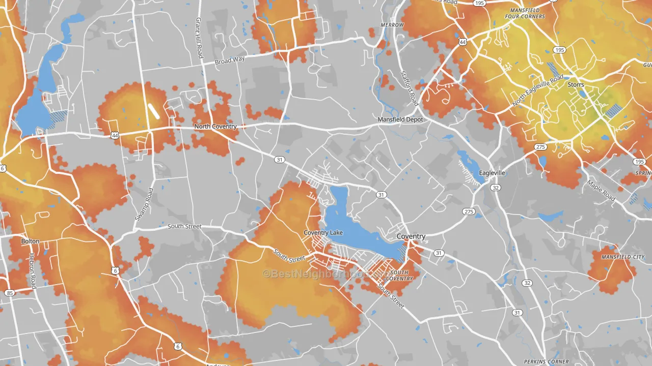 Bike Grade map of Coventry, CT