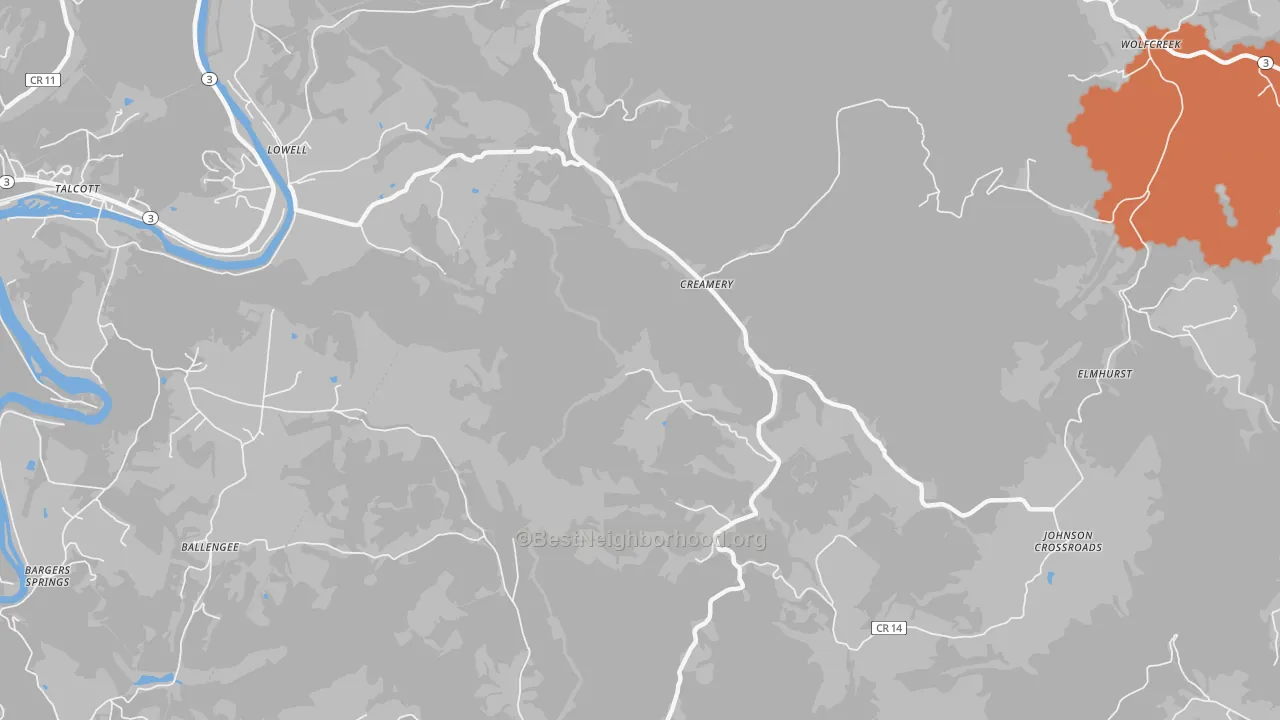 Bike Grade map of Creamery, WV