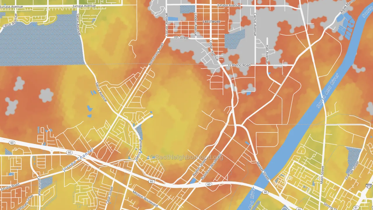 Bike Grade map of Crestmore Heights, CA