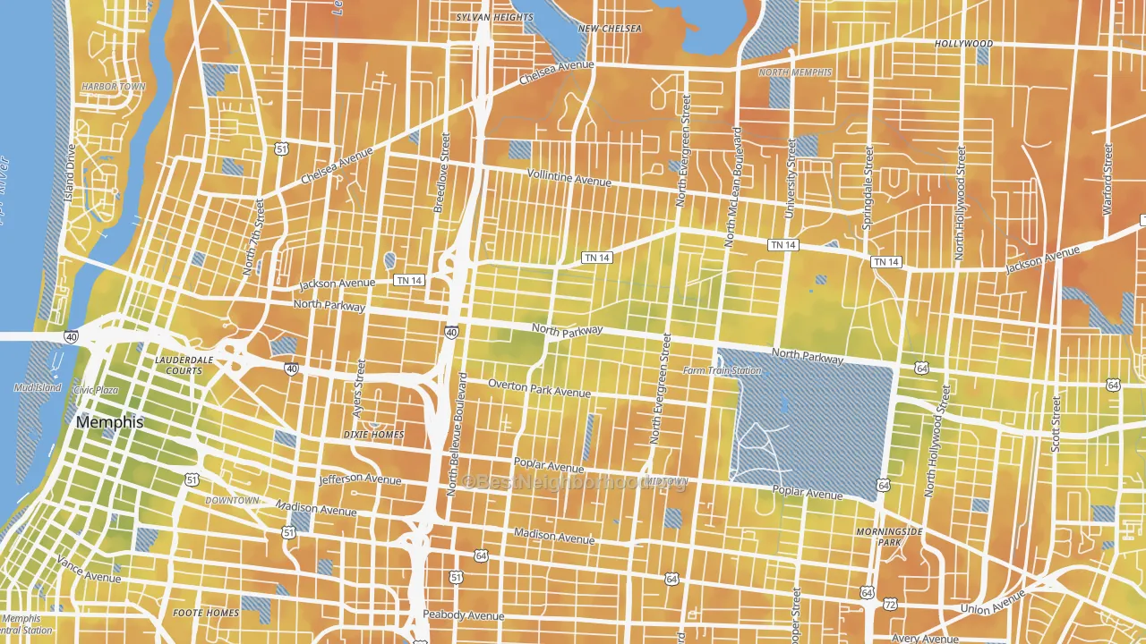Bike Grade map of Crosstown, Memphis, TN