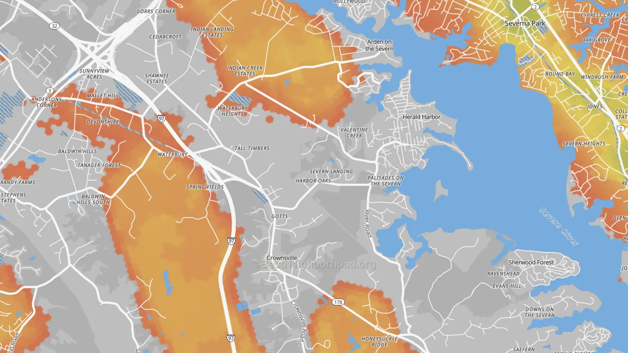 Bike Grade map of Crownsville, MD