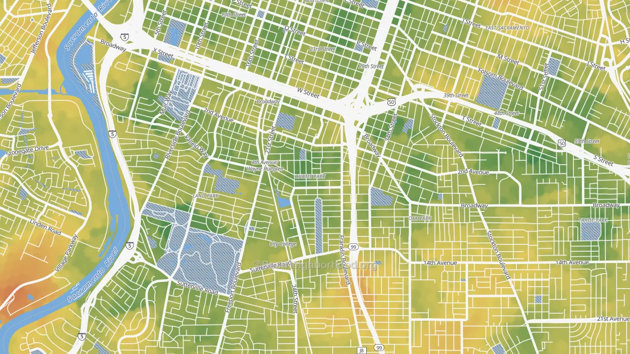 Bike Grade map of Curtis Park, Sacramento, CA