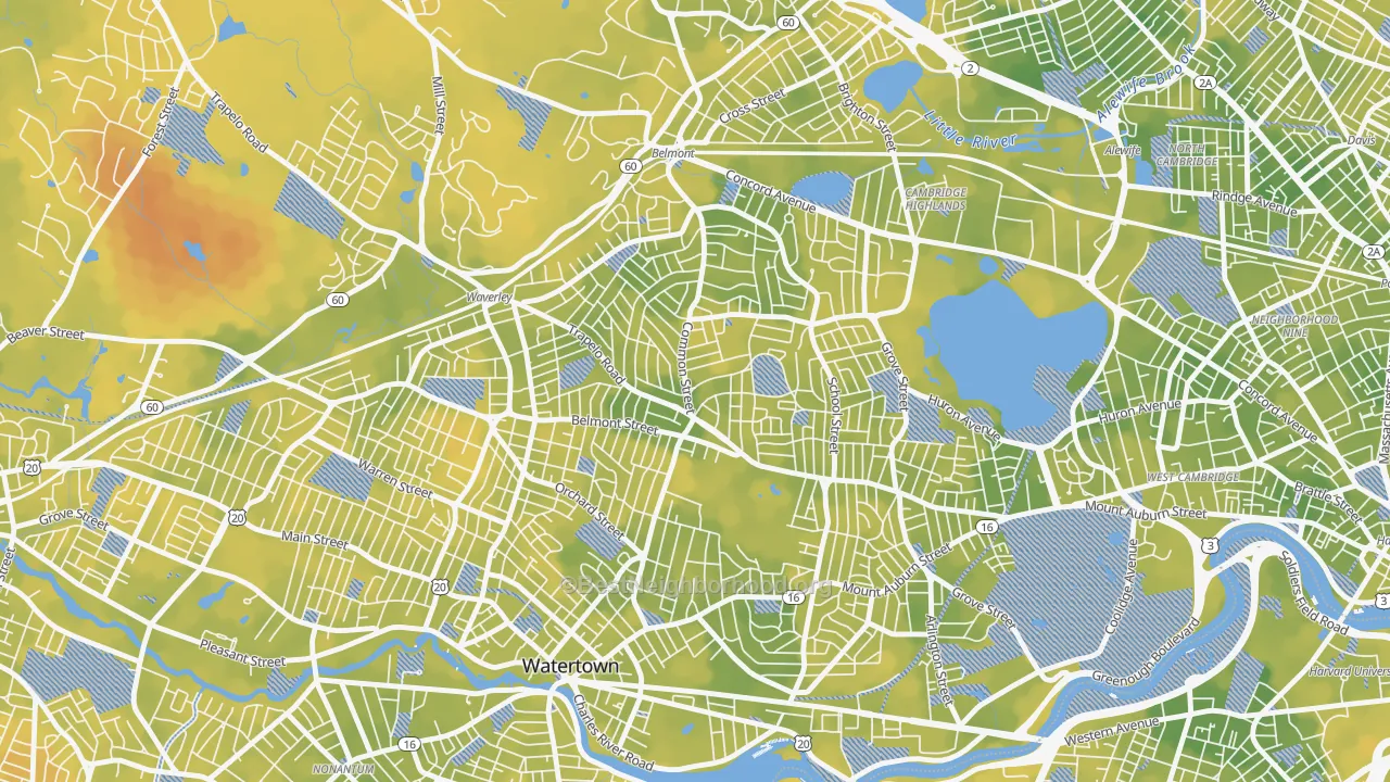 Bike Grade map of Cushing Square, Belmont, MA