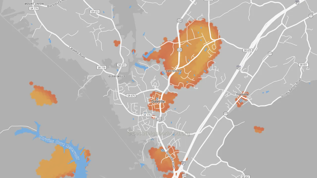 Bike Grade map of Daleville, VA