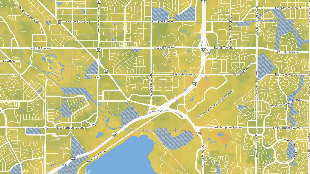 Bike Grade map of Dam East-West, Aurora, CO