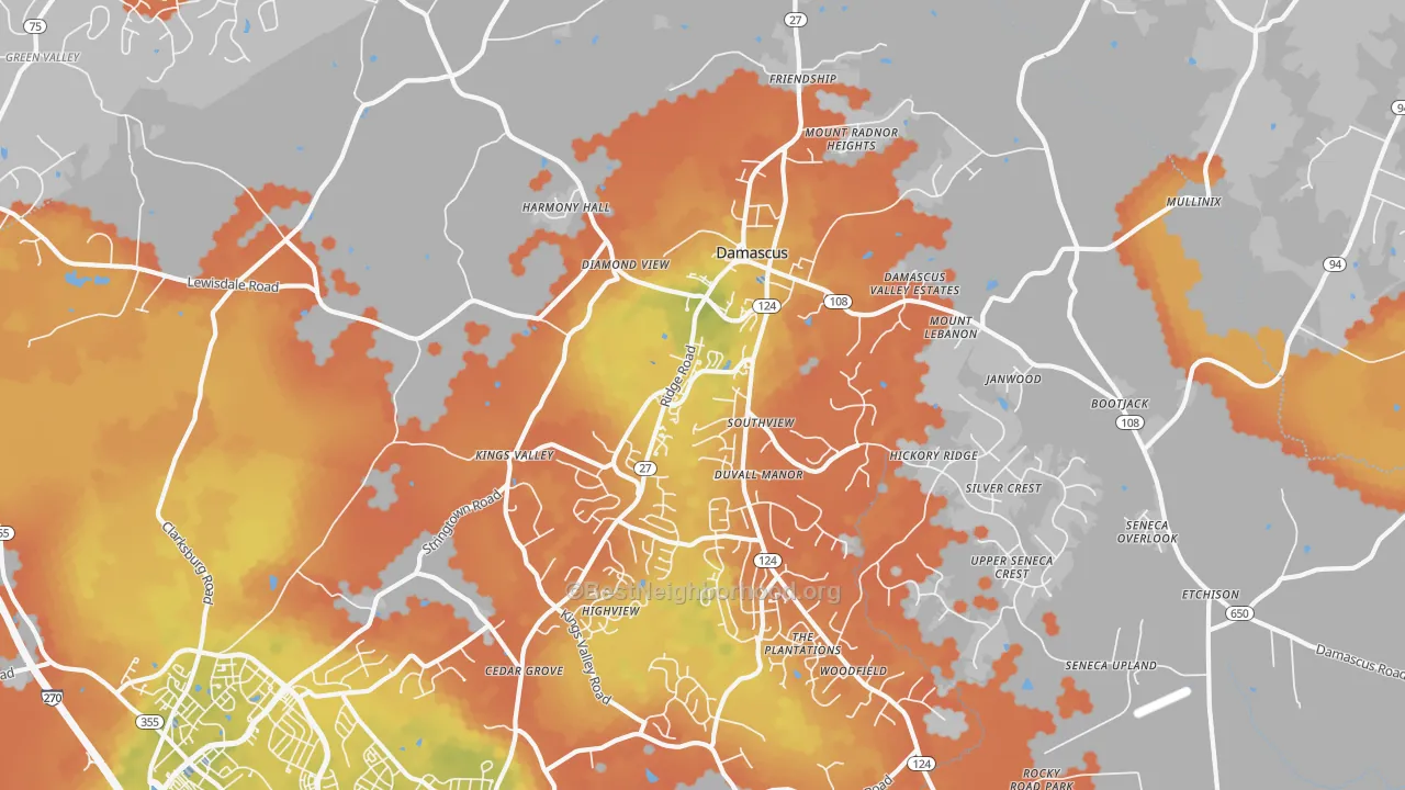 Bike Grade map of Damascus, MD