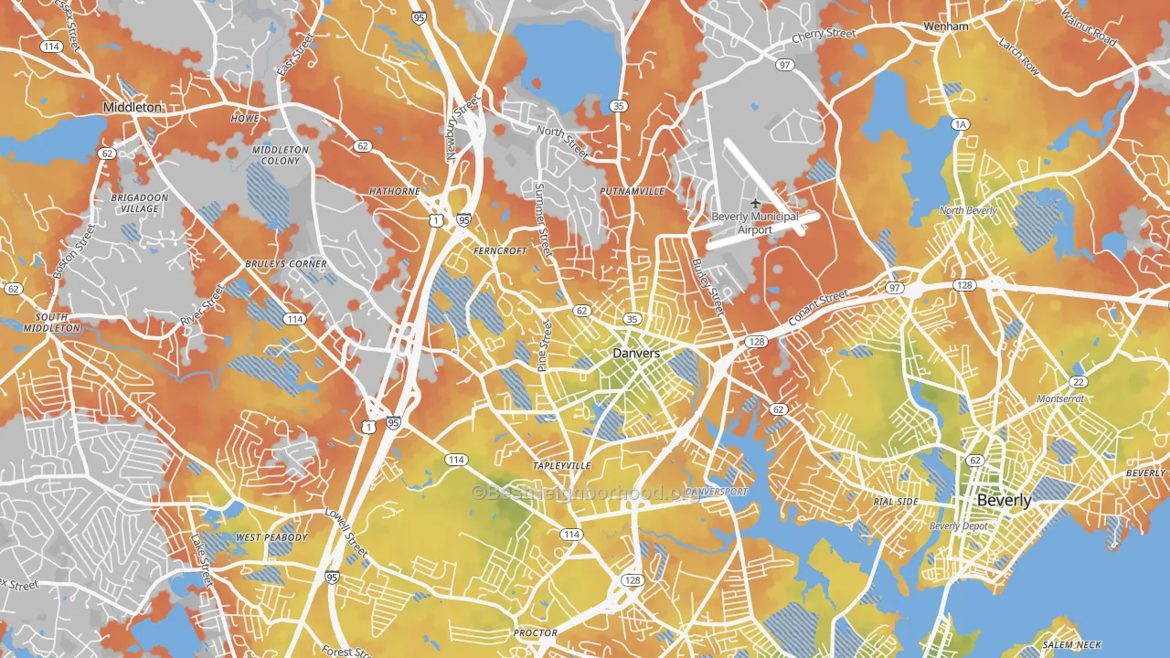 Bike Grade map of Danvers, MA
