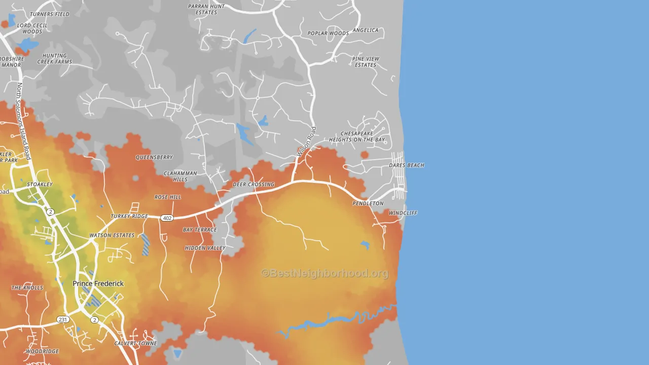 Bike Grade map of Dares Beach, MD