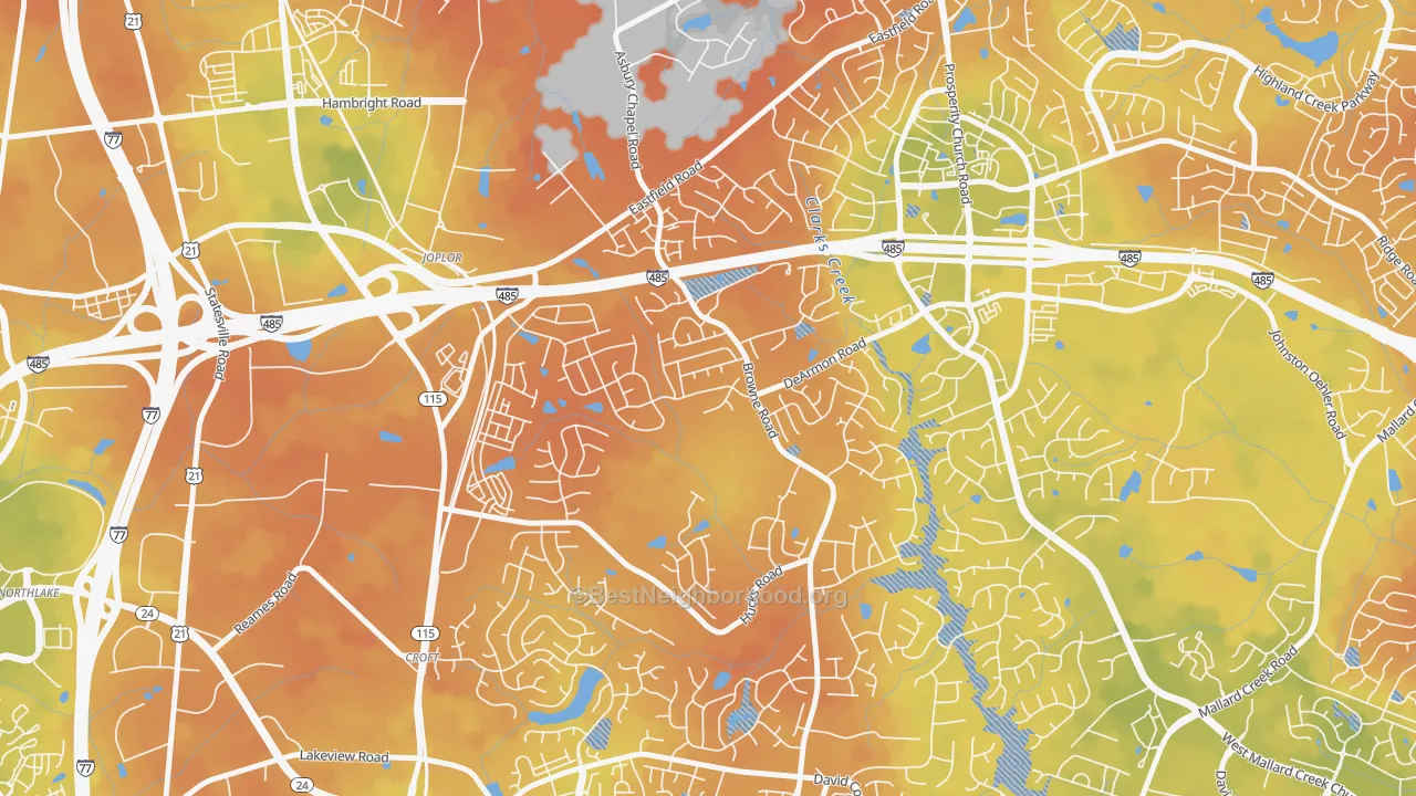 Bike Grade map of Davis Lake-Eastfield, Charlotte, NC