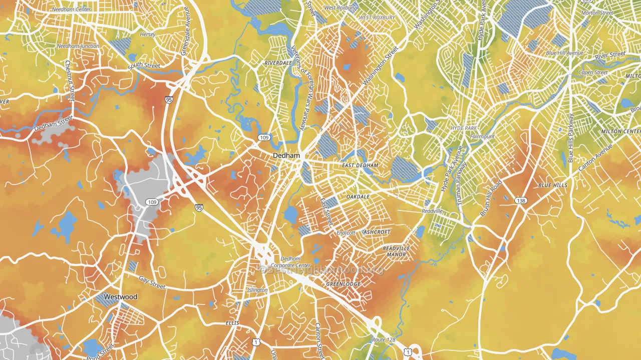 Bike Grade map of Dedham, MA
