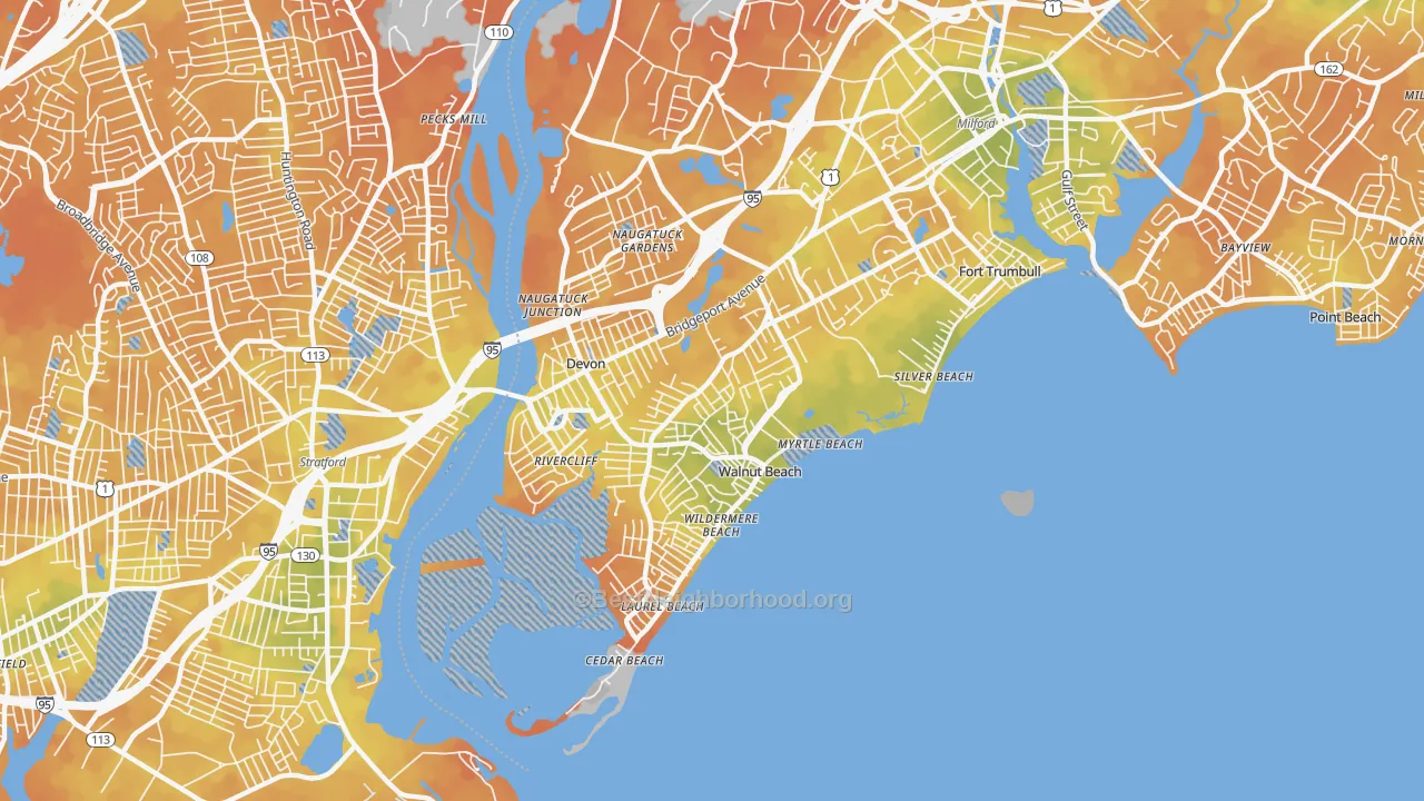 Bike Grade map of Devon-Walnut Beach, Milford, CT